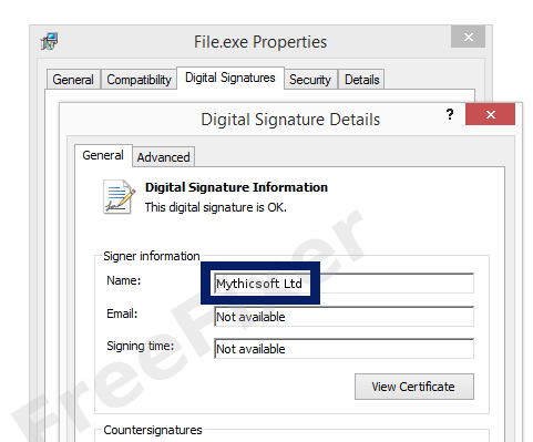 Screenshot of the Mythicsoft Ltd certificate